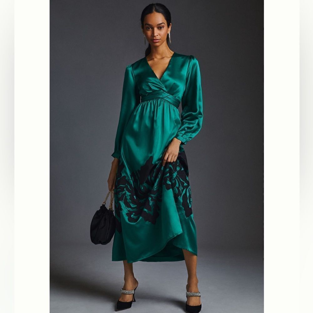 NWT Nikasha Embroidered Satin Dress Emerald Anthropologie XS